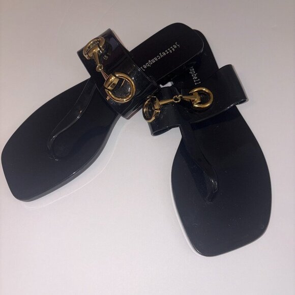 Jeffrey Campbell A Lil Bit Natural Horse Bit Buckle Gold Flat Thong Sandals 8 - Picture 1 of 6